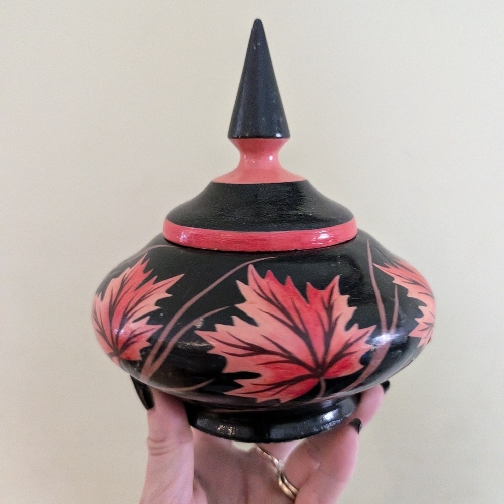 Vintage Wooden Lidded Jar With Maple Leaf Design